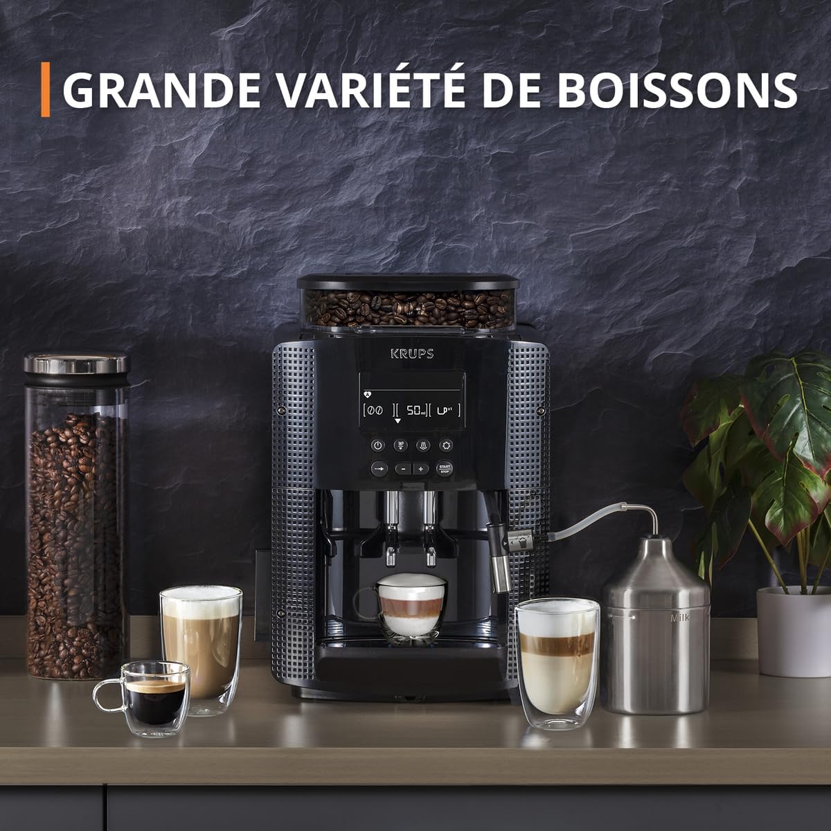 Krups Machine à café grain, 2 expressos simultanés, Ecran LCD, Cafetière espresso compacte, Nettoyage automatique, Buse vapeur pour Cappuccino, Essential noire YY8135FD, Noir