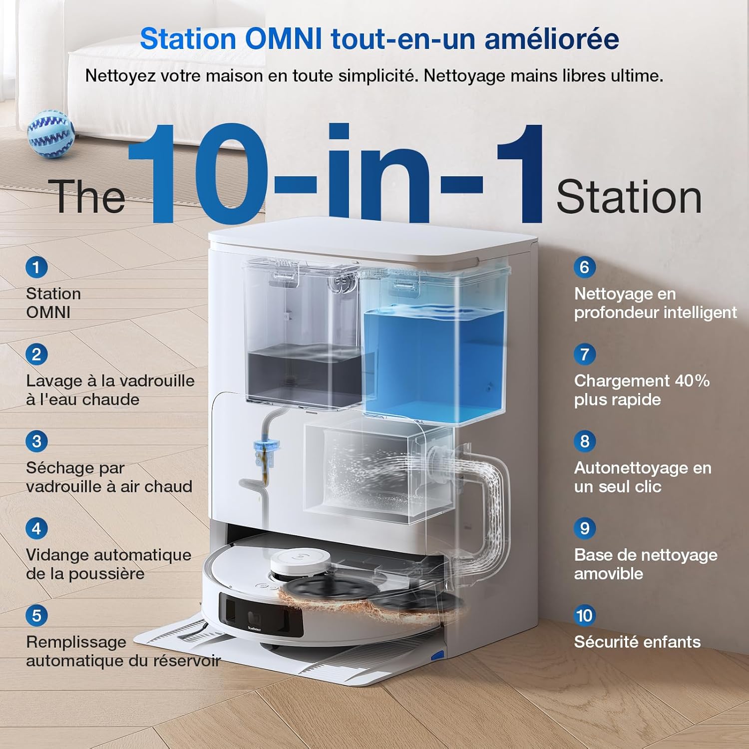 ECOVACS X8 PRO OMNI Robot Aspirateur Laveur avec Station Tout-En-Un, Puissance 18000Pa, Nettoyage Automatique Instantané OZMO ROLLER, Nettoyage à l'eau chaude 75℃, Ajout Solution Nettoyage Automatique