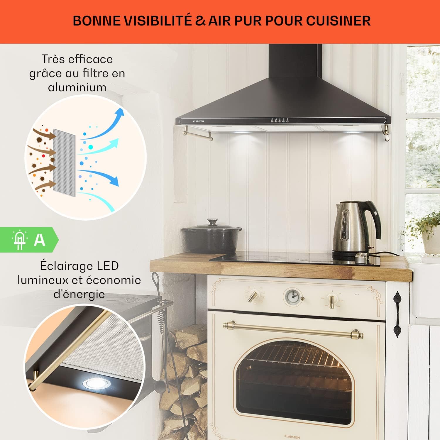 Klarstein Hotte Aspirante 90 cm, Hottes de Cuisine avec Filtre de Hotte en Aluminium, Débit d'Air Puissant de 645m³/h, Eclairage LED, Extracteur d'Air Silencieux, Hotte Efficace avec Evacuation