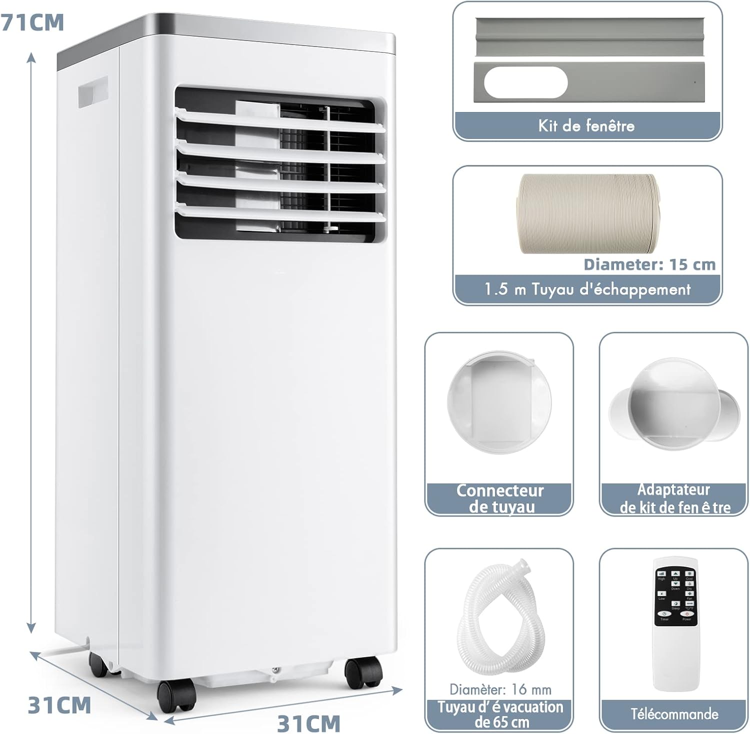 RELAX4LIFE Climatiseur Mobile Silencieux 9000BTU, Climatiseur Portable 4 en 1, Refroidisseur d'Air, Ventilateur, Déshumidificateur, Mode Nuit, 15-20㎡, Télécommande, Minuterie 24H, Classe Energie A