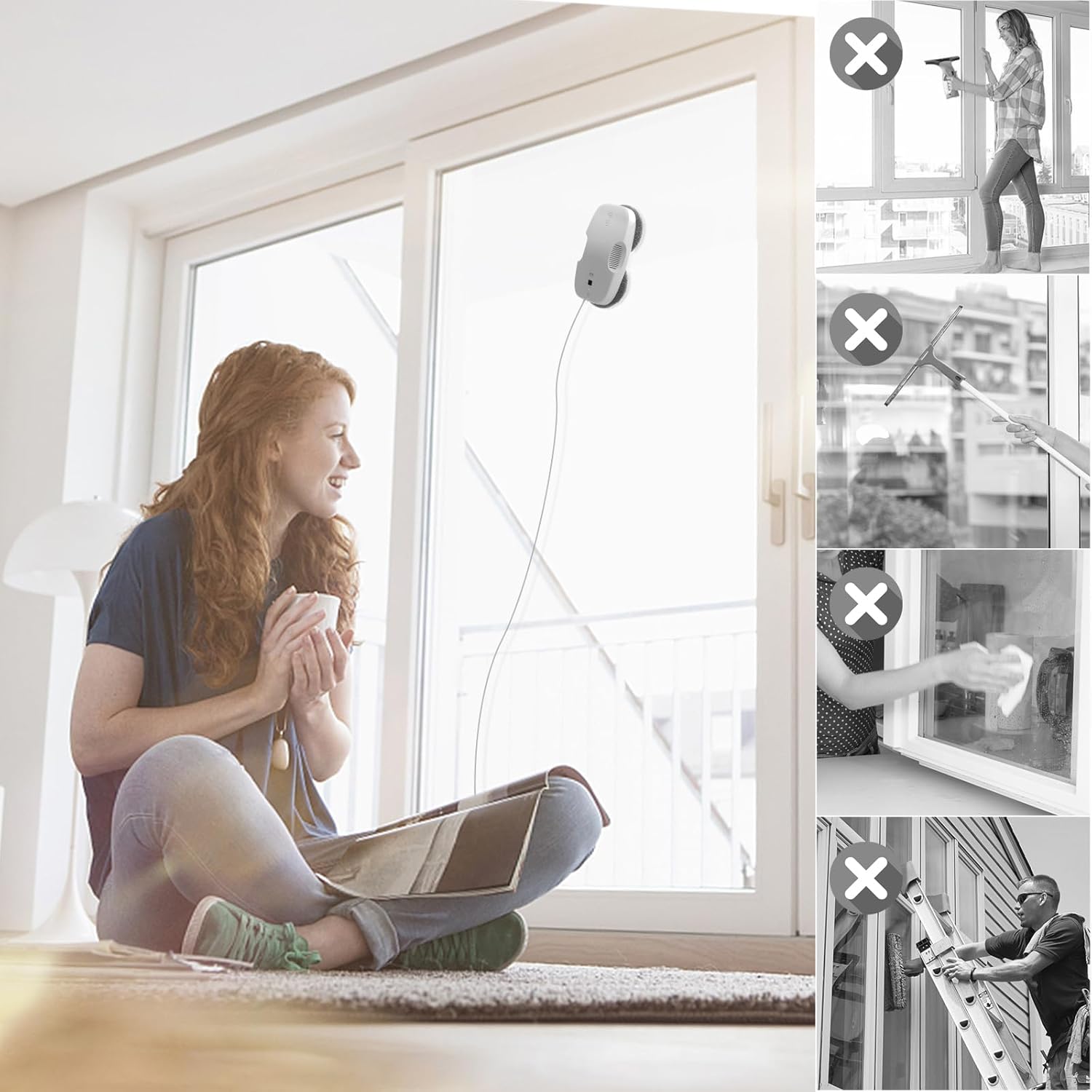 HUTT DDC55 Robot Nettoyeur Vitre, Robot Laveur de Vitre Automatique, Système de Sécurité, Navigation Intelligente, Télécommandé, pour Toutes Les Surfaces Lisses, avec 12 Chiffons