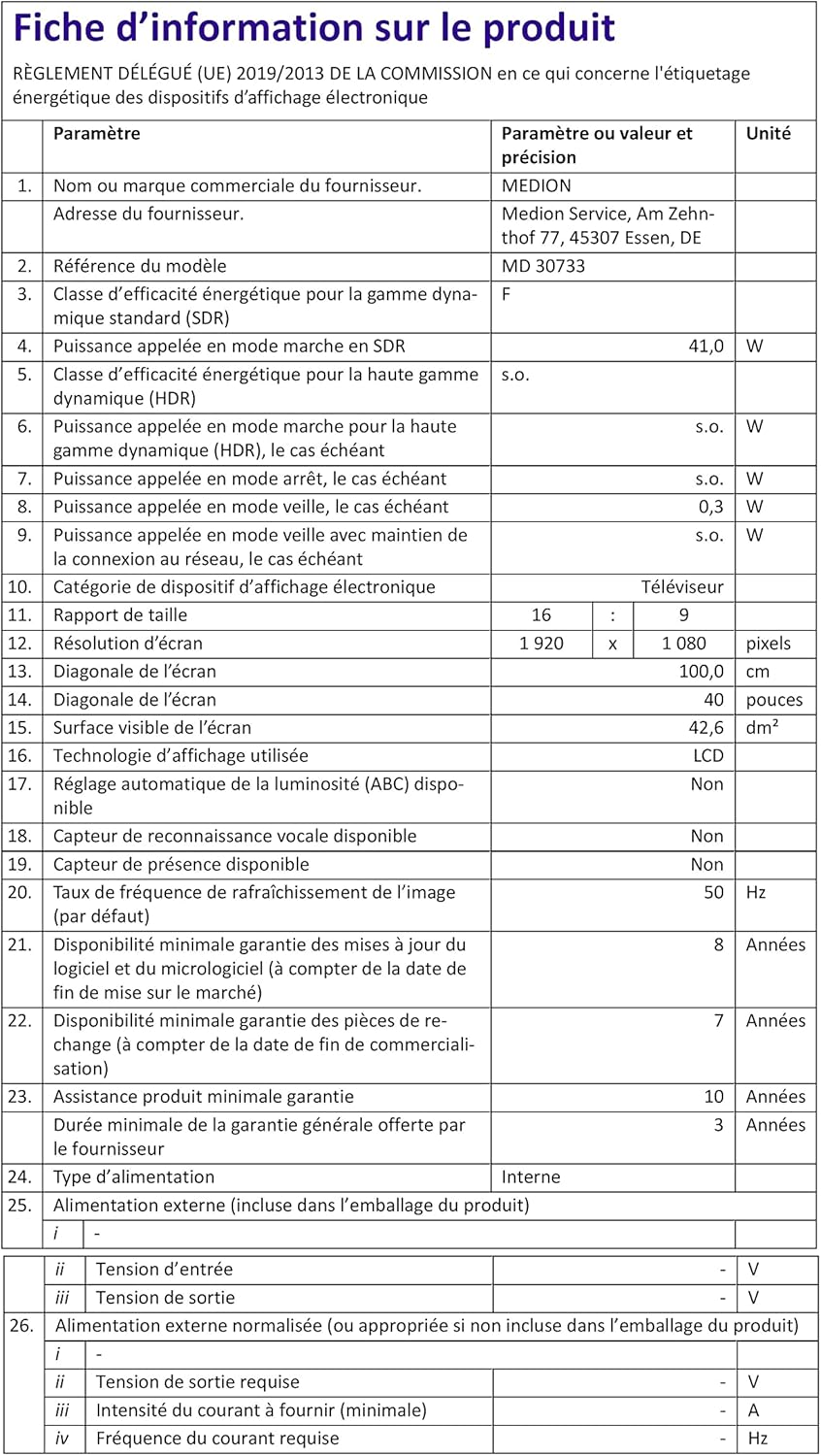 MEDION E14080 (MD 30224) Téléviseur Full HD 100,3 cm (40 Pouces) (Lecteur DVD intégré, récepteur Triple Tuner DVB-T2 DVB-C DVB-S2, 2 x HDMI, VGA, USB, Mediaplayer, CI+)