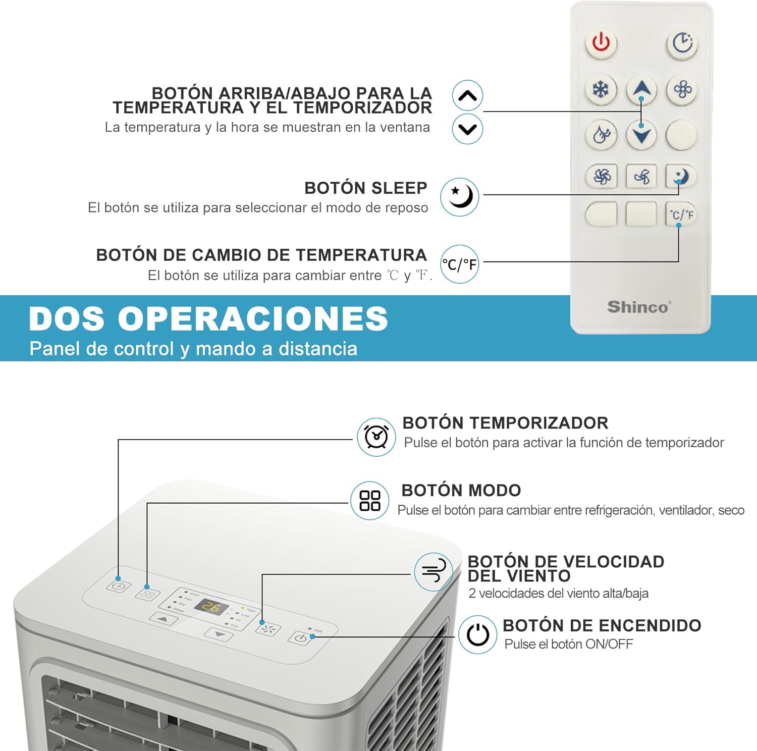 SHINCO Climatiseur mobile, 7000 BTU 2,05kW, Refroidir&Ventilation&Déshumidification, taille de la pièce jusqu'à 54m³(18㎡), Climatiseur mobile avec tuyau d'évacuation et tuyau de vidange, mode sommeil
