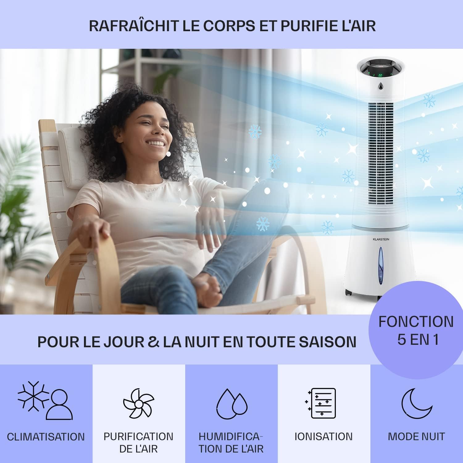 Klarstein Rafraichisseur d'Air Mobile 5 en 1, par Evaporation avec Humidificateur, Ventilateur, Ioniseur, Climatiseur Mobile Sans Évacuation, Mode Nuit, 45W, Débit d'Air de 180m³/h