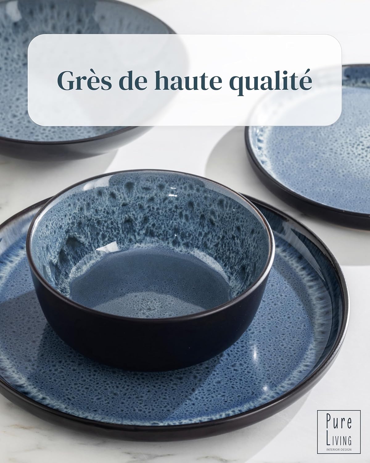 Service de Vaisselle en Grès Ibiza 36 pièces –Ensemble de Vaisselle pour 12 Personnes, Adapté au Lave-Vaisselle et au Micro-Ondes, Pure Living bleu fumé, Assiettes Service de Table