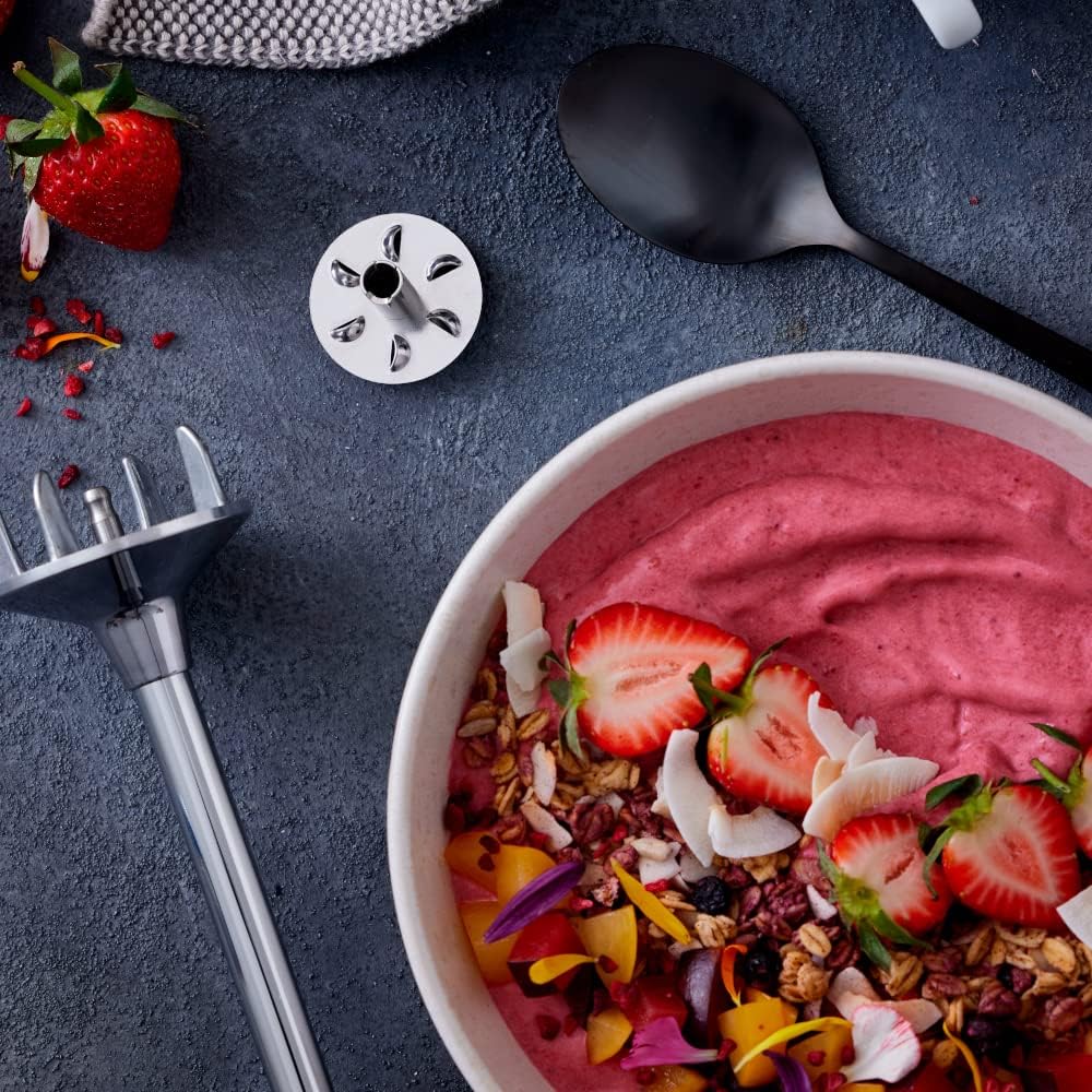 bamix Set avec mixeur plongeant M350 MAXX avec couteau étoile et hachoir, disques fouet et mélangeur en inox, 350 W, 2 vitesses, Fabriqué en Suisse, Noir/Chromé