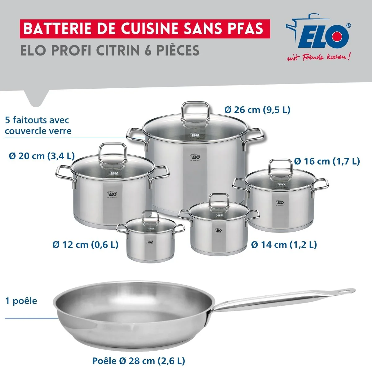 Ensemble de 1 Poêle de cuisson 28 cm et 5 faitouts 12, 14, 16, 20 et 26 cm Elo Profi Citrin Elo