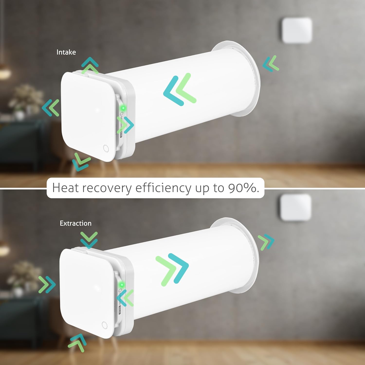 Turbionaire Trend HRV Unite de VMC Décentralisée, Récupérateur de Chaleur Céramique, Capteur d'Humidité, Télécommande, Minuterie, 8 Vitesses, Flux d'Air Réversible, 100 mm, Blanc, Silenciuse