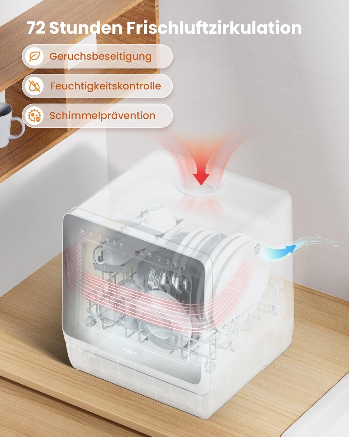 HAVA mini lave vaisselle, nouveau modèle amélioré 2024, 8 programmes de lavage, lave-vaisselle portable avec sécurité enfant et fonction de démarrage différé, réservoir d'eau de 5 L