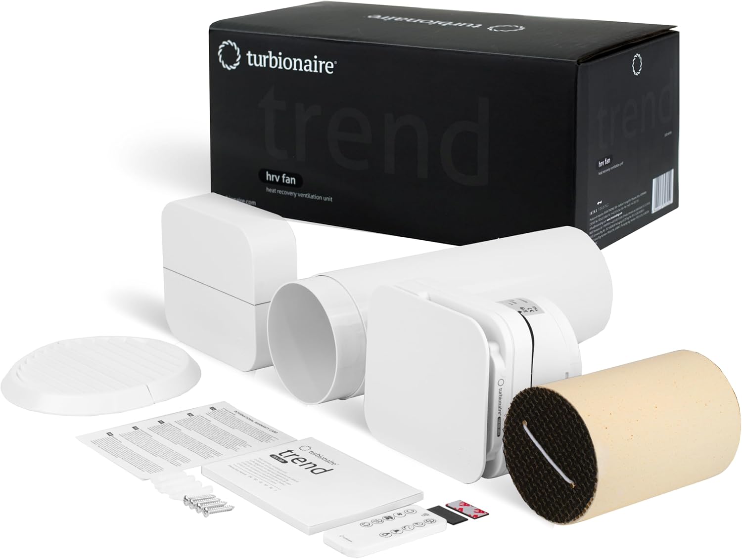 Turbionaire Trend HRV Unite de VMC Décentralisée, Récupérateur de Chaleur Céramique, Capteur d'Humidité, Télécommande, Minuterie, 8 Vitesses, Flux d'Air Réversible, 100 mm, Blanc, Silenciuse