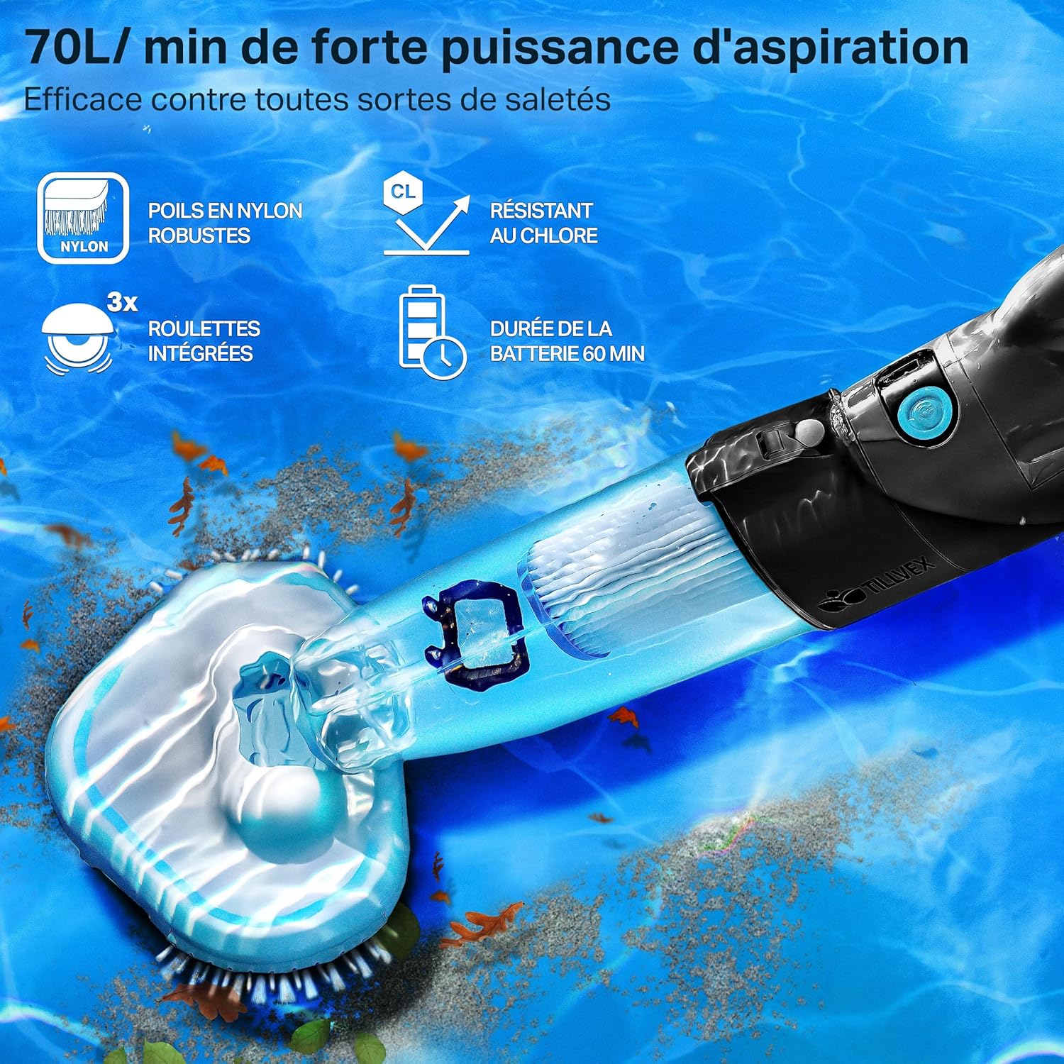 tillvex Aspirateur Électrique pour Piscines | Nettoyeur de Piscine sans Fil avec Manche Télescopique | Kit de Nettoyage avec Filtre & 2 Vitesses | Rechargeable