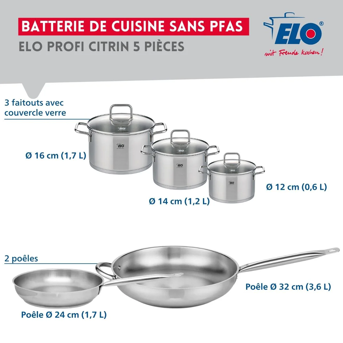 Ensemble de 2 Poêles de cuisson 24 et 32 cm et 3 faitouts 12, 14 et 16 cm Elo Profi Citrin Elo