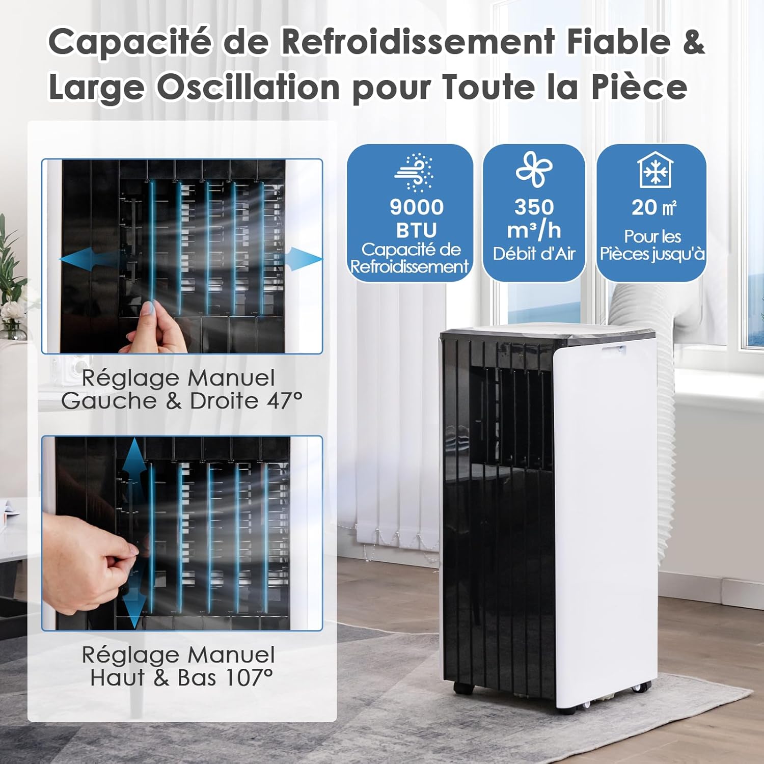RELAX4LIFE Climatiseur Mobile Silencieux 9000BTU, Climatiseur Portable 4 en 1, Refroidisseur d'Air, Ventilateur, Déshumidificateur, Mode Nuit, 15-20㎡, Télécommande, Minuterie 24H, Classe Energie A