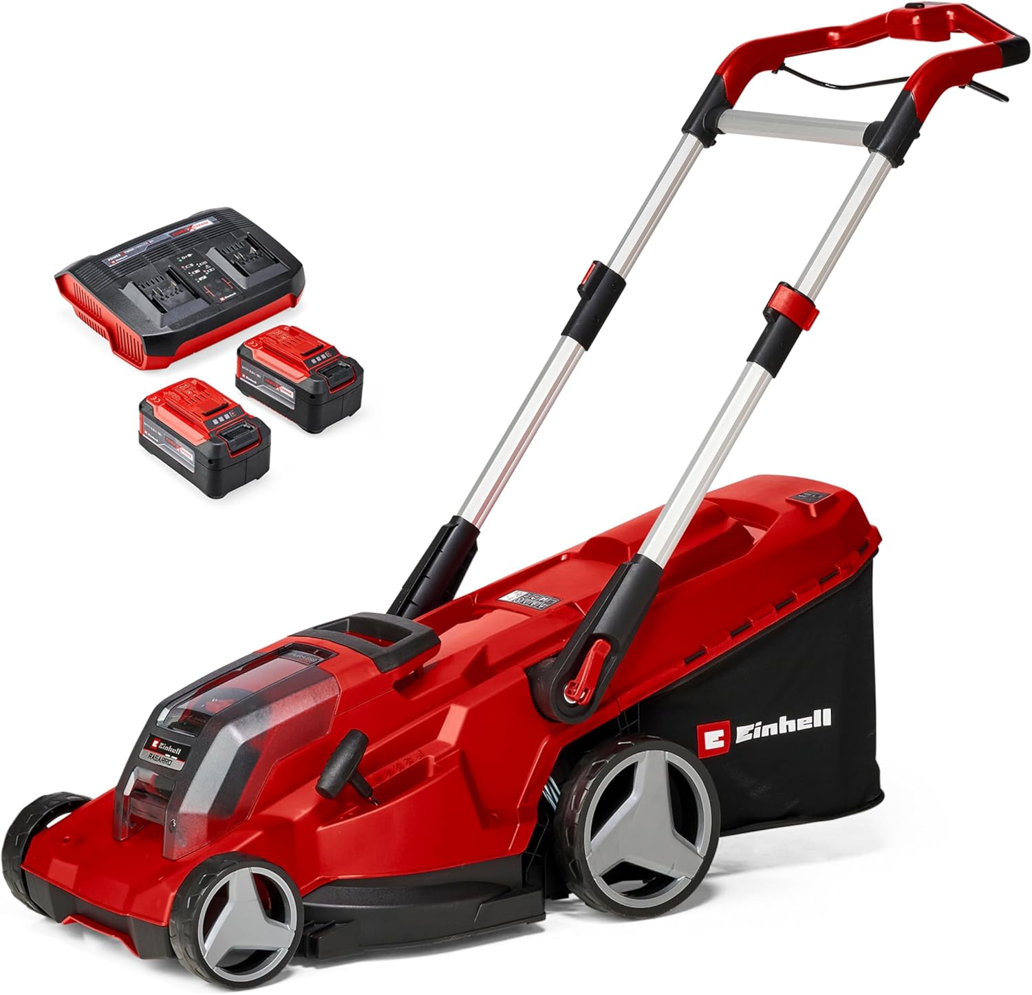 Einhell Akku-Rasenmher RASARRO 36/38 Kit Power X-Change (36 V, 38 cm Schnittbreite, 450 m, Brushless, Mulchfunktion, 45L Fangkorb, inkl. 2x 4,0 Ah Akkus + Twincharger)