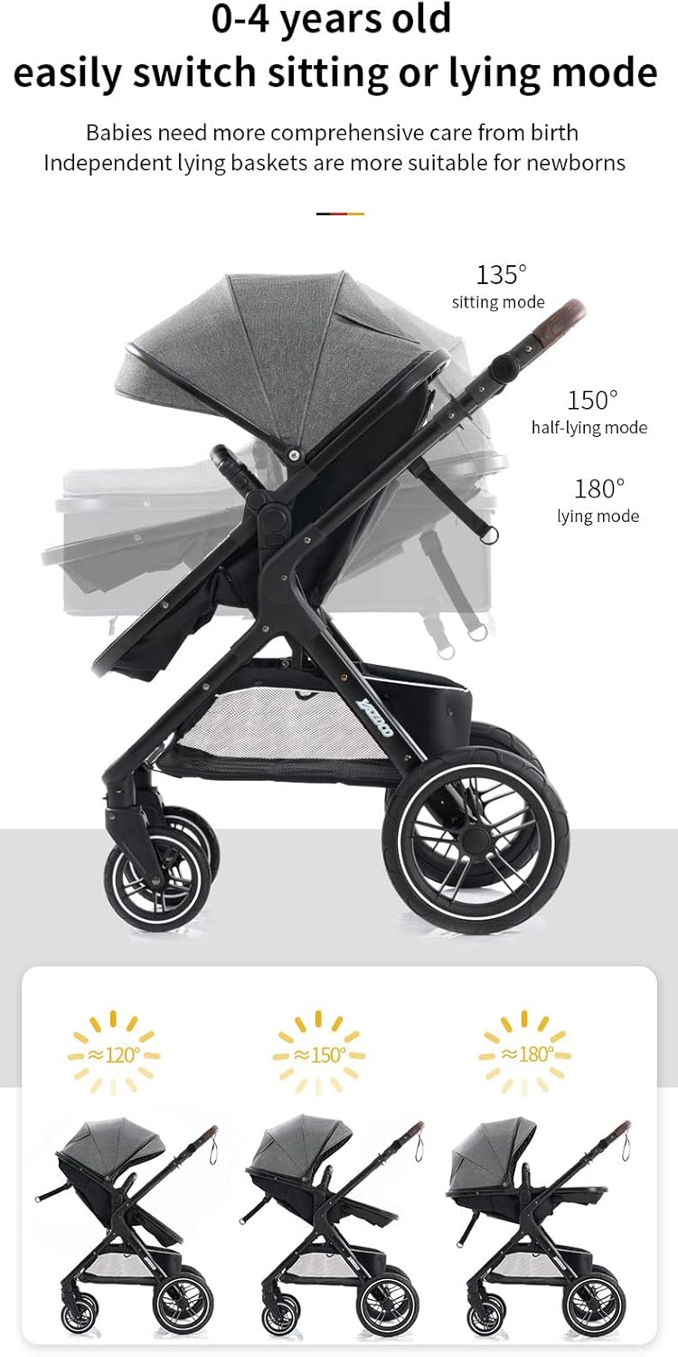 YAZOCO Poussette 3 en 1 Pliable Poussette Bebe Confort Moustiquaire, Couvre - Pieds, Porte - Gobelet, Coussin Poussettes et Landaus