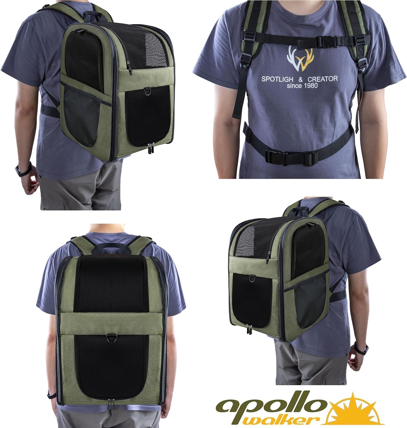 apollo walker Sac à dos pour animaux de compagnie, sac de transport pour chiens et chats de 2 à 12 kg, souple, vert armée