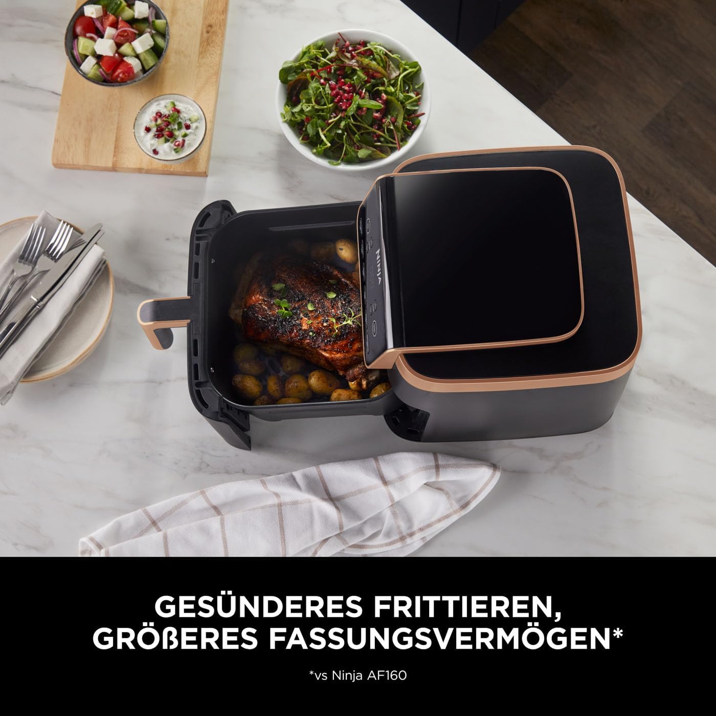 Ninja Foodi FlexDrawer Dual Zone Heißluftfritteuse, Airfryer mit 10,4-Fach und herausnehmbarem Trenner, Antihaftbeschichtung, spülmaschinenfester Korb, 7-in-1, Schwarz & Kupfer, AF500EUCP