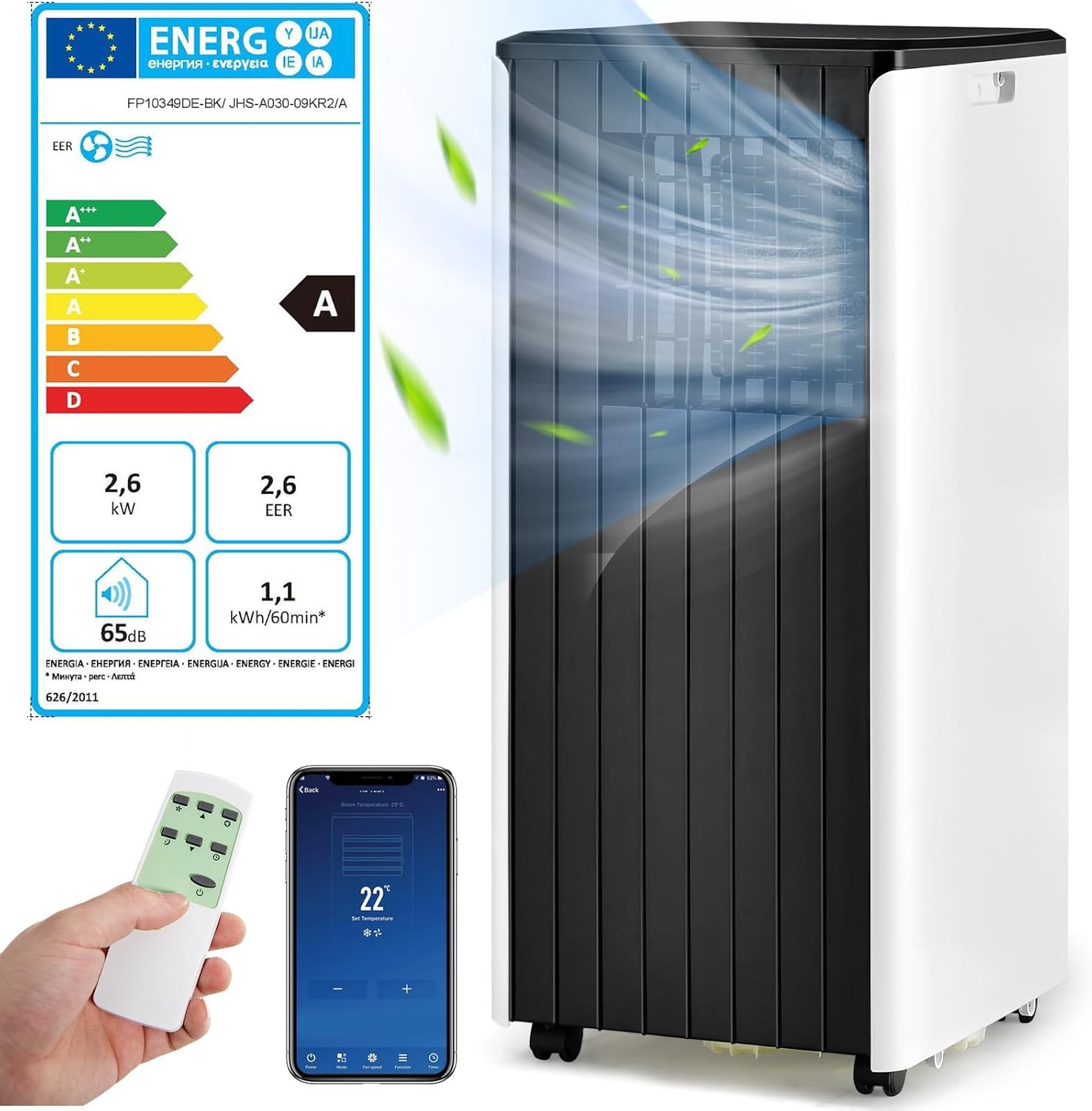 RELAX4LIFE Climatiseur Mobile Silencieux 9000BTU, Climatiseur Portable 4 en 1, Refroidisseur d'Air, Ventilateur, Déshumidificateur, Mode Nuit, 15-20㎡, Télécommande, Minuterie 24H, Classe Energie A