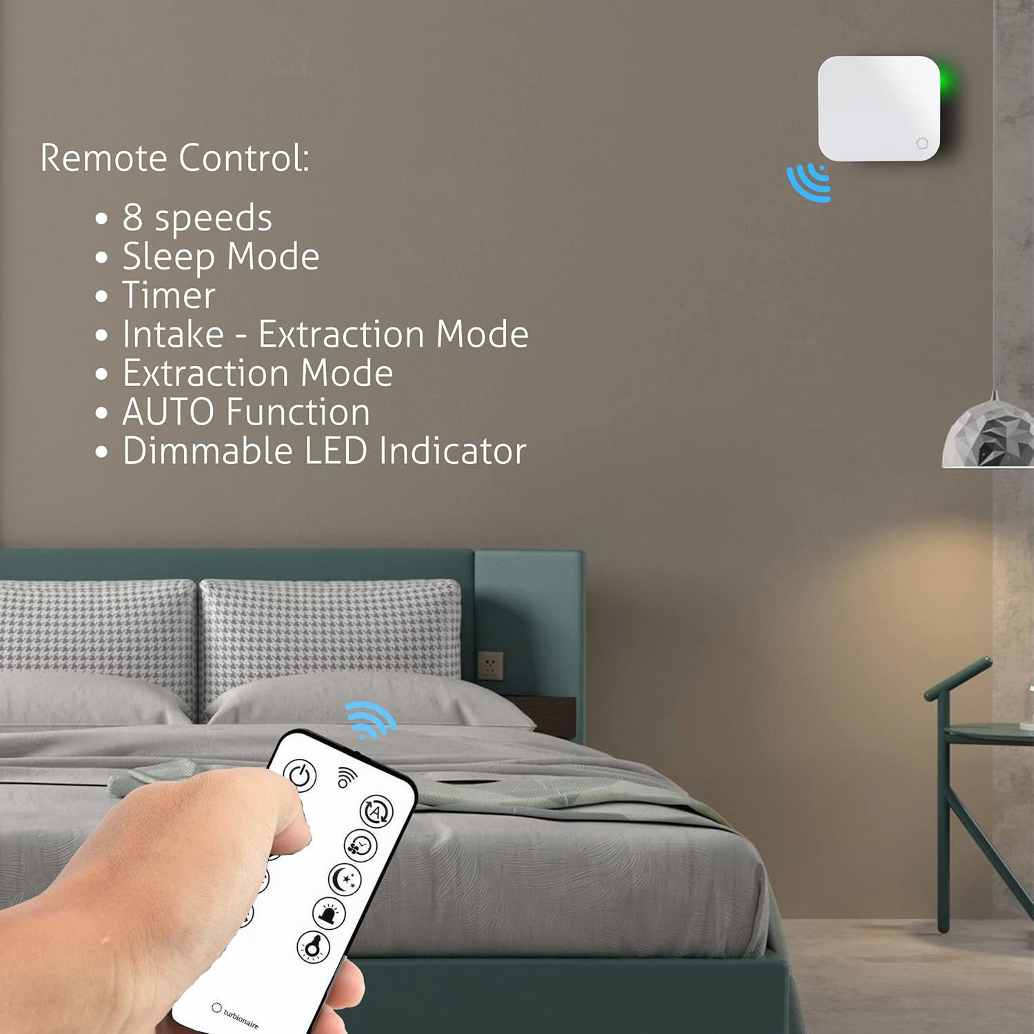 Turbionaire Trend HRV Unite de VMC Décentralisée, Récupérateur de Chaleur Céramique, Capteur d'Humidité, Télécommande, Minuterie, 8 Vitesses, Flux d'Air Réversible, 100 mm, Blanc, Silenciuse