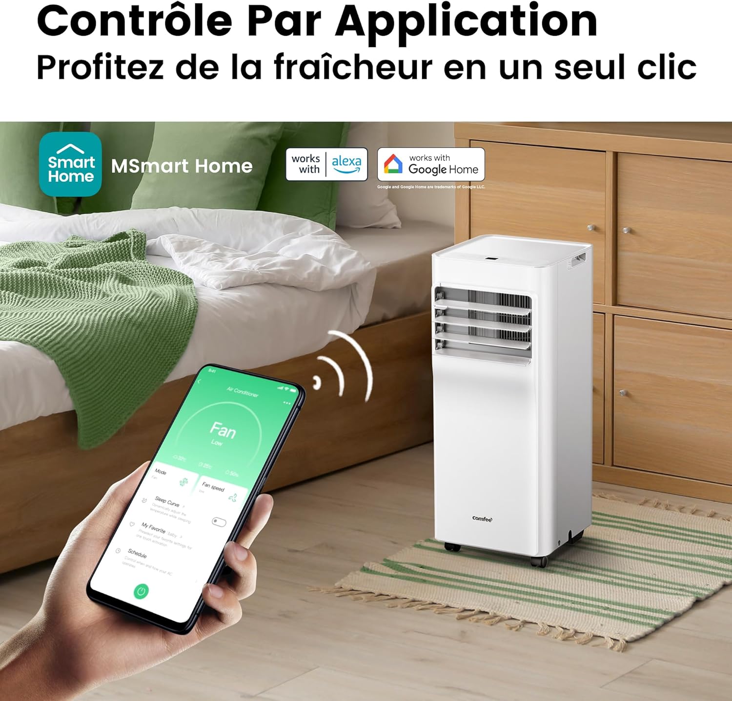COMFEE' Climatiseur Mobile 9000 BTU/h 2,6kW, 3-EN-1 Refroidisseur Déshumidificateur Ventilateur, Fonction Follow me, Minuterie, Mode nuit, Pour salon et maison de 33㎡/88m³, MPPH-09CRN7, R290