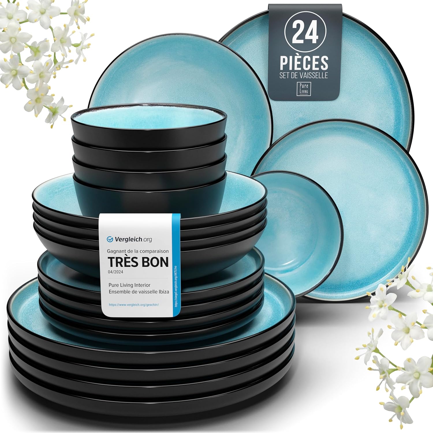 Service de Vaisselle en Grès Ibiza 36 pièces –Ensemble de Vaisselle pour 12 Personnes, Adapté au Lave-Vaisselle et au Micro-Ondes, Pure Living bleu fumé, Assiettes Service de Table