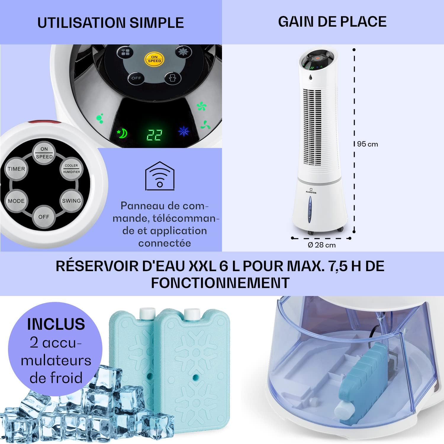 Klarstein Rafraichisseur d'Air Mobile 5 en 1, par Evaporation avec Humidificateur, Ventilateur, Ioniseur, Climatiseur Mobile Sans Évacuation, Mode Nuit, 45W, Débit d'Air de 180m³/h