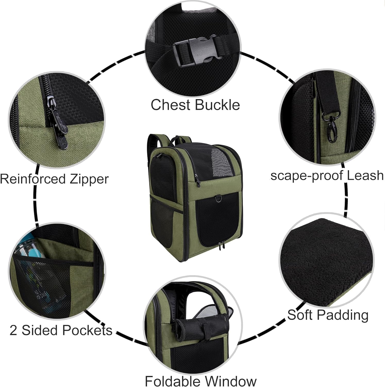 apollo walker Sac à dos pour animaux de compagnie, sac de transport pour chiens et chats de 2 à 12 kg, souple, vert armée