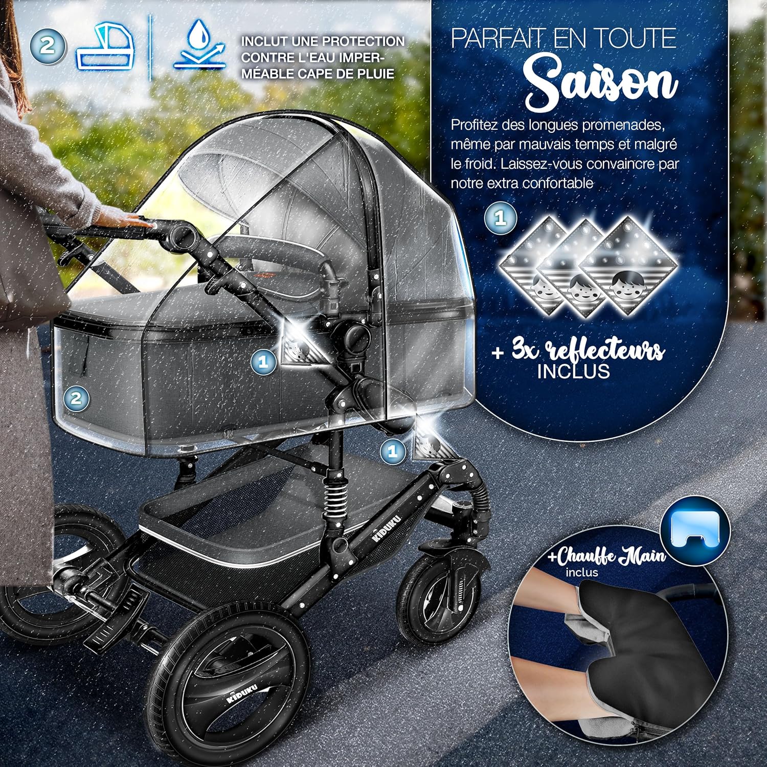 KIDUKU® Poussette Combinée 3 en 1 | Trio pour Enfants | Siége Auto Légère, Piable | Nacelle Souple Convertible | Set de Voyage (Noir/Champagne)