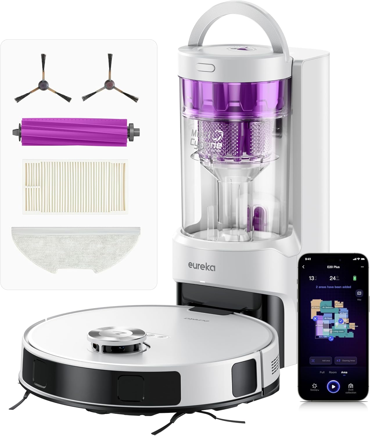 Eureka E20 Plus Aspirateur Robot de 8000 Pa avec Station de Vidange Automatique sans Sac, Robot Aspirateur Laveur Anti Enchevêtrement, Évitement d'Obstacles 3D, Autonomie de 180 Minutes, DuoDetect AI