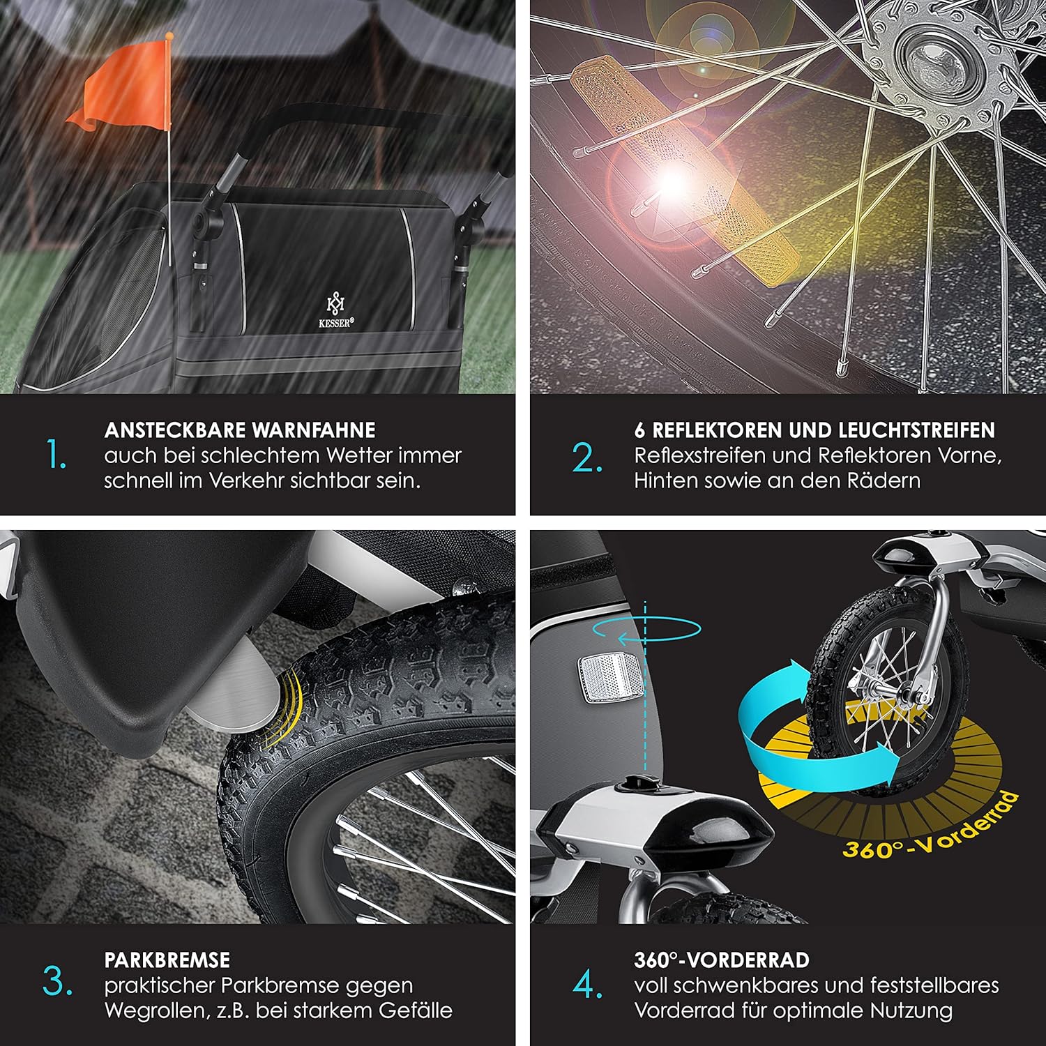 KESSER® Remorque de vélo pour enfant - Rotation à 360° - Avec suspension 2 en 1 - Fonction jogger - Remorque de vélo pour enfant - Sangle à 5 points - Pour 1 à 2 enfants - 40 kg