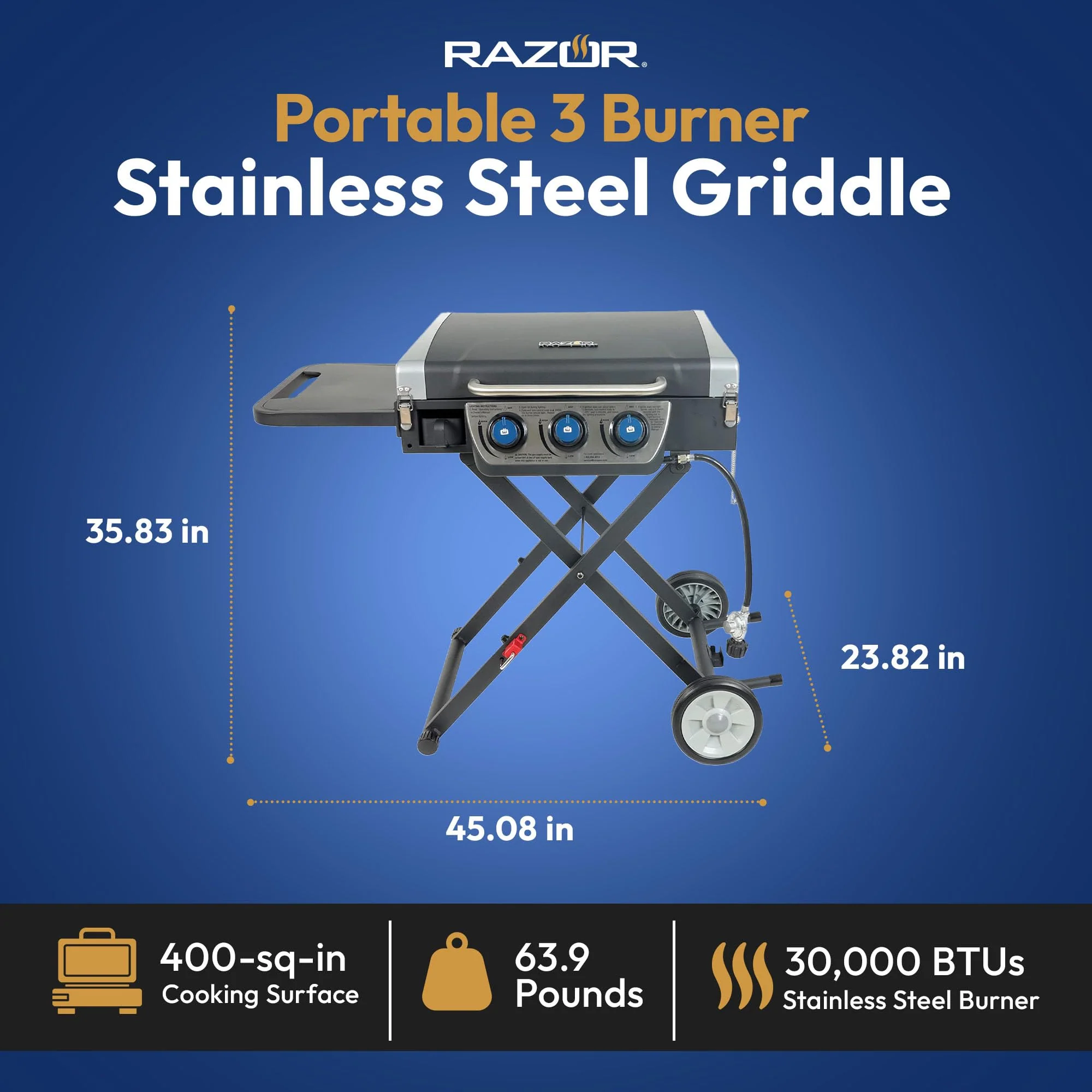 Razor Griddle Gas Grill & Griddle for Backyard Cooking and Camping, Portable Grill with Cart & Side Shelf