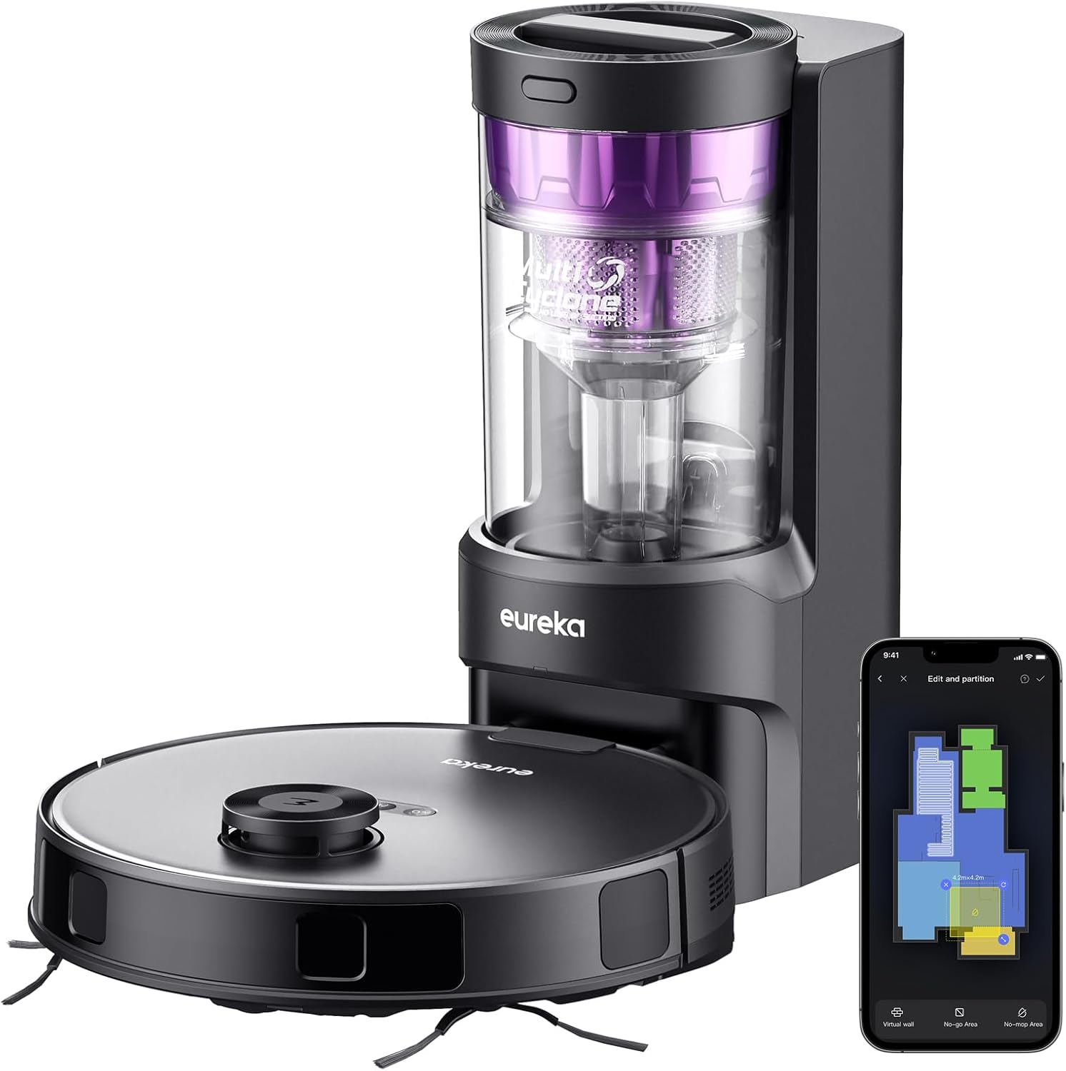 Eureka E20 Plus Aspirateur Robot de 8000 Pa avec Station de Vidange Automatique sans Sac, Robot Aspirateur Laveur Anti Enchevêtrement, Évitement d'Obstacles 3D, Autonomie de 180 Minutes, DuoDetect AI