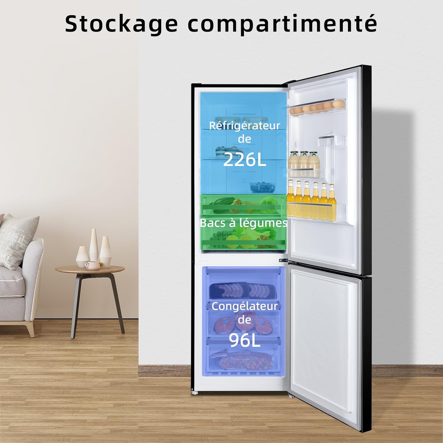CHIQ Réfrigérateur autoportant 317L à Inverter, 322 l, sans givre, flux d'air multiple, congélation rapide, électronique tactile, compresseur avec garantie de 12 ans, efficacité améliorée, noir
