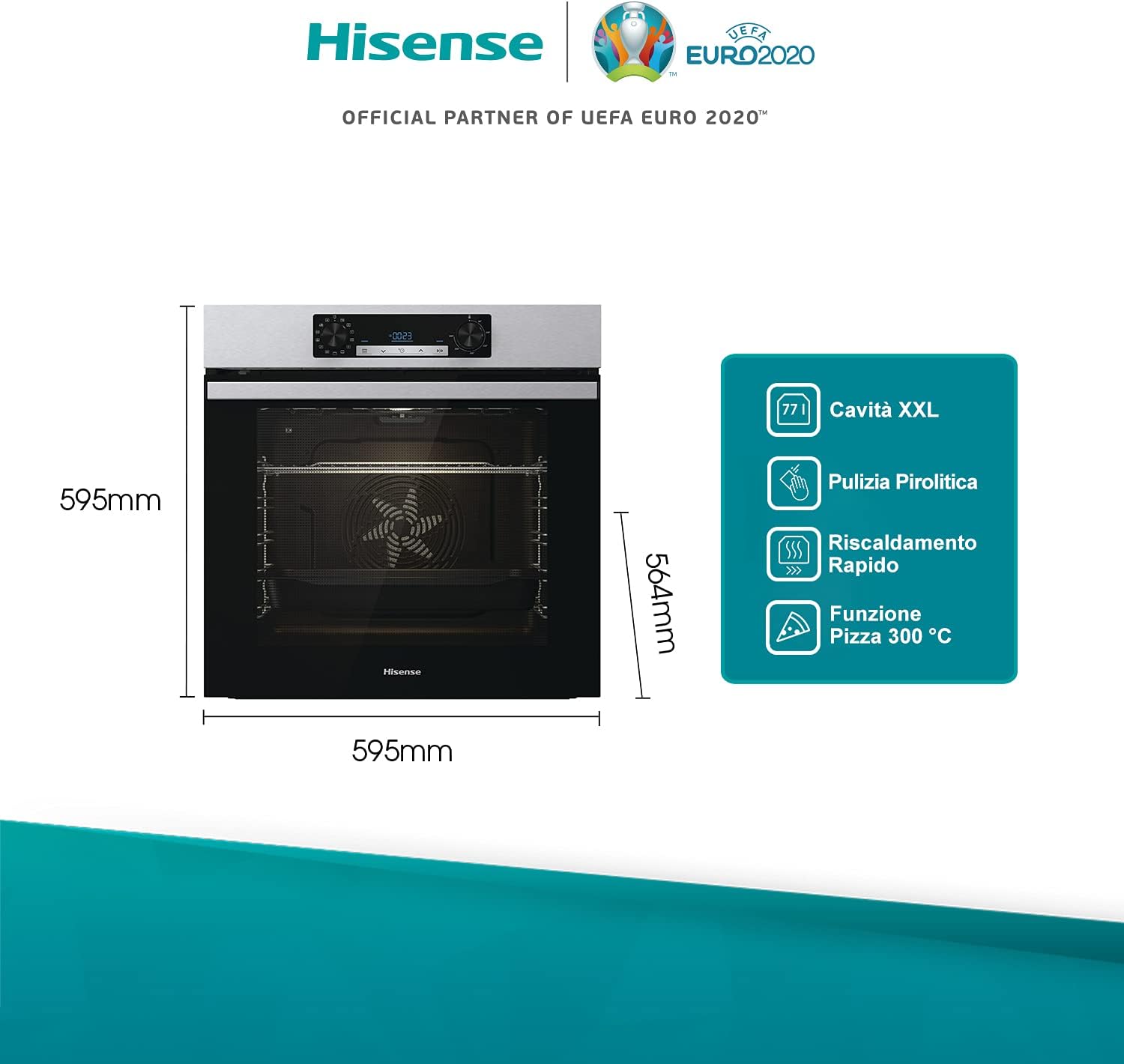 Hisense BI64211PX Four multifonction - Cavité XXL de 77L, Pyrolyse, 13 Fonctions, Fonction Pizza 300°C, AirFry, Affichage LED, Inox, Classe A+