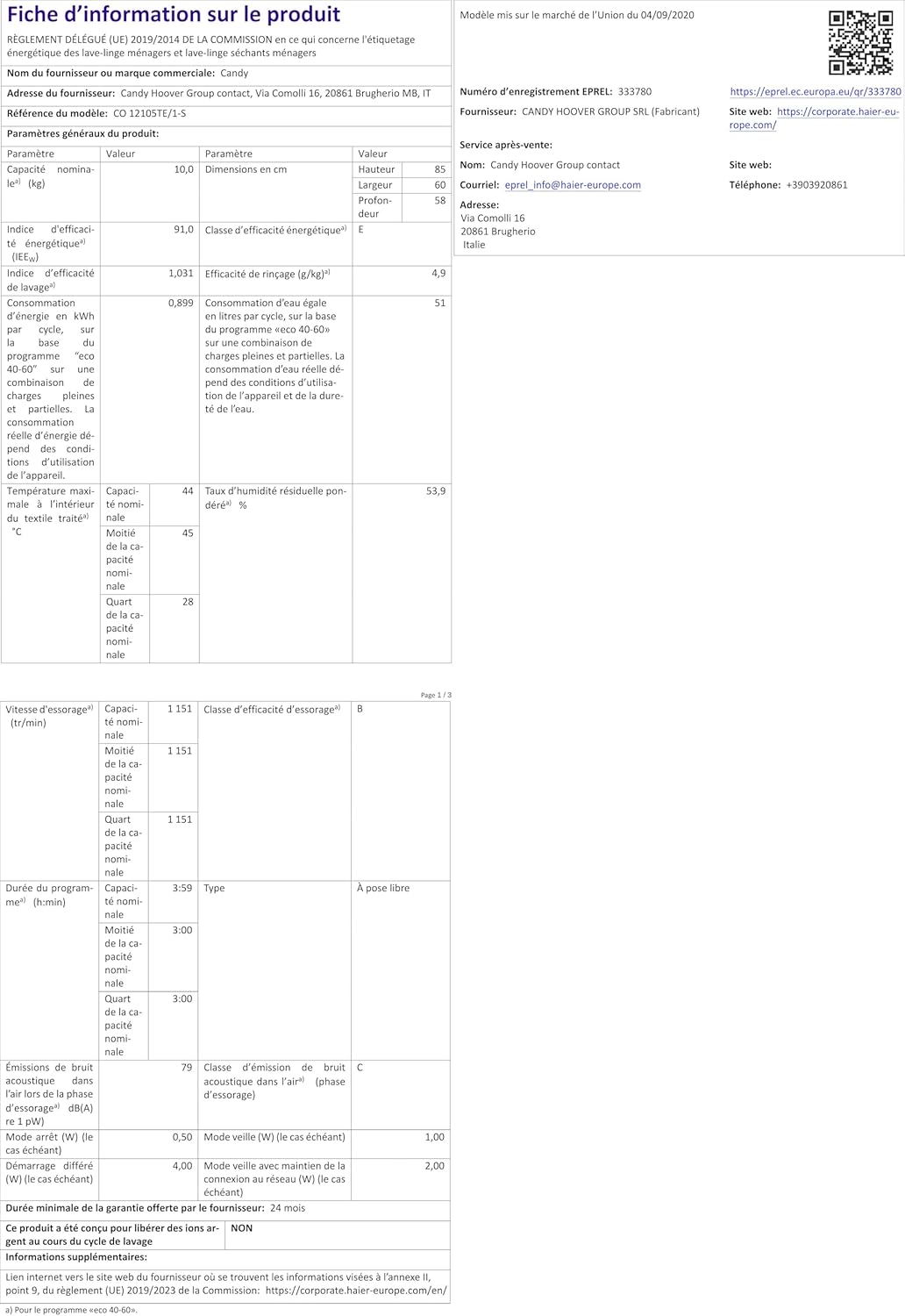 CANDY CO 12105TE/1-S Lave-linge Hublot Smart Pro, 10 kg, 1200 tr/min, Classe E, Blanc