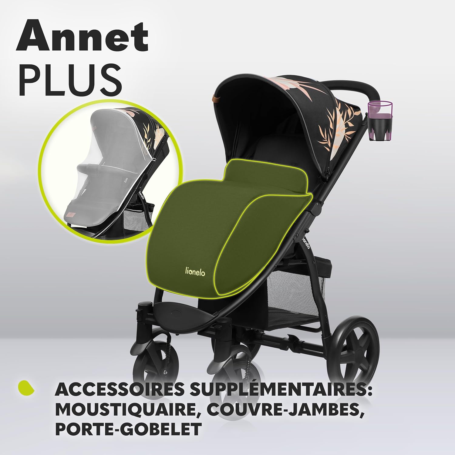 LIONELO Annet Plus poussette bebe à 22 kg, auvent avec fenêtre, roues EVA, chancelière moustiquaire porte-gobelet, réglage du dossier jusqu’à la position couchée (Dreamin, PLUS)