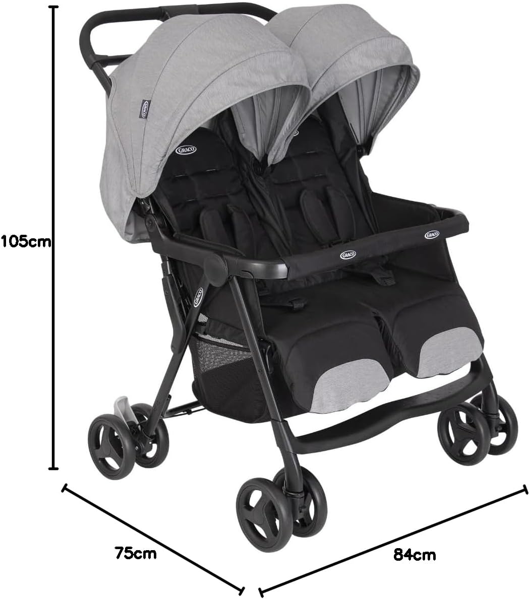 Graco DuoRider Poussette double légère, de la naissance à environ 3 ans (0-15 kg), dossiers réglables, pliable, grand panier de rangement, gris, Steeple Gray