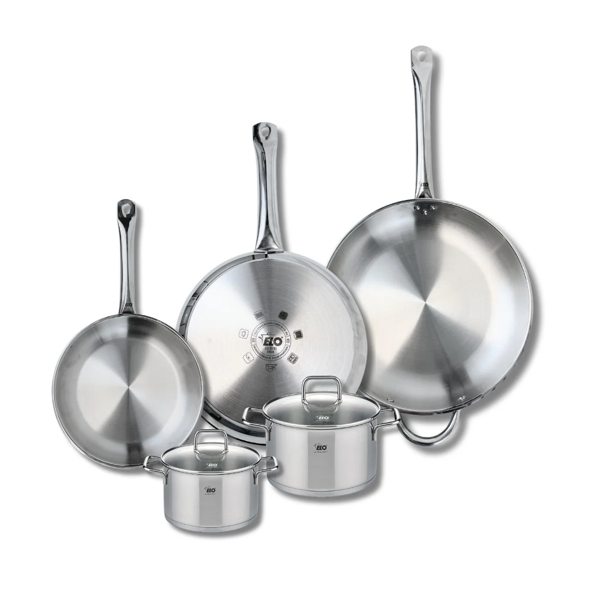 Ensemble de 3 Poêles de cuisson 24, 28 et 32 cm et 2 faitouts 14 et 16 cm Elo Profi Citrin Elo
