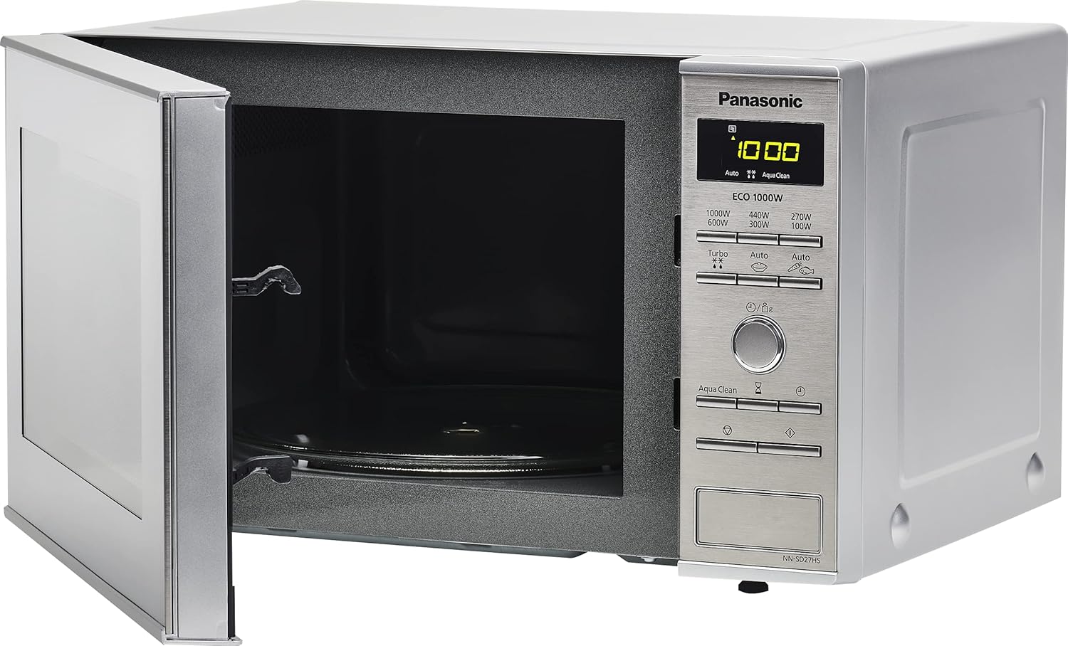 Panasonic NN-SD27HSUPG Four Micro-Ondes Technologie Inverter Plateau Tournant en Verre, 23L, 1000W, 10 Prog auto, Décongélation Chaos, 6 Puissances, Minuterie, Affichage LED, Acier Inoxydable Argent