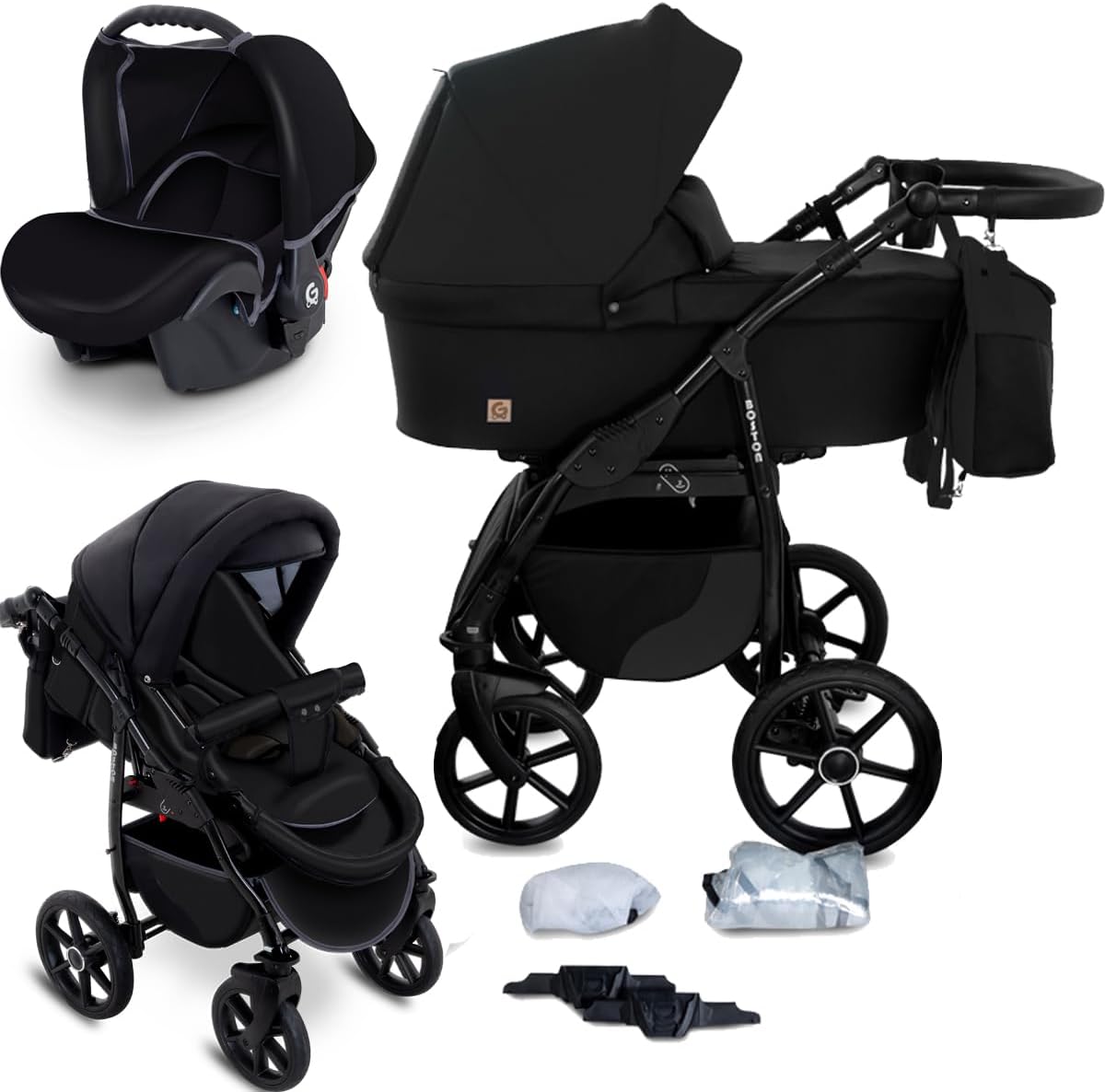 GagaDumi Boston combinée 3 en 1 poussette nacelle Siège-Auto avec tous les accessoires Landau Certificat TÜV Fait dans l'UE (B5-Noir)…