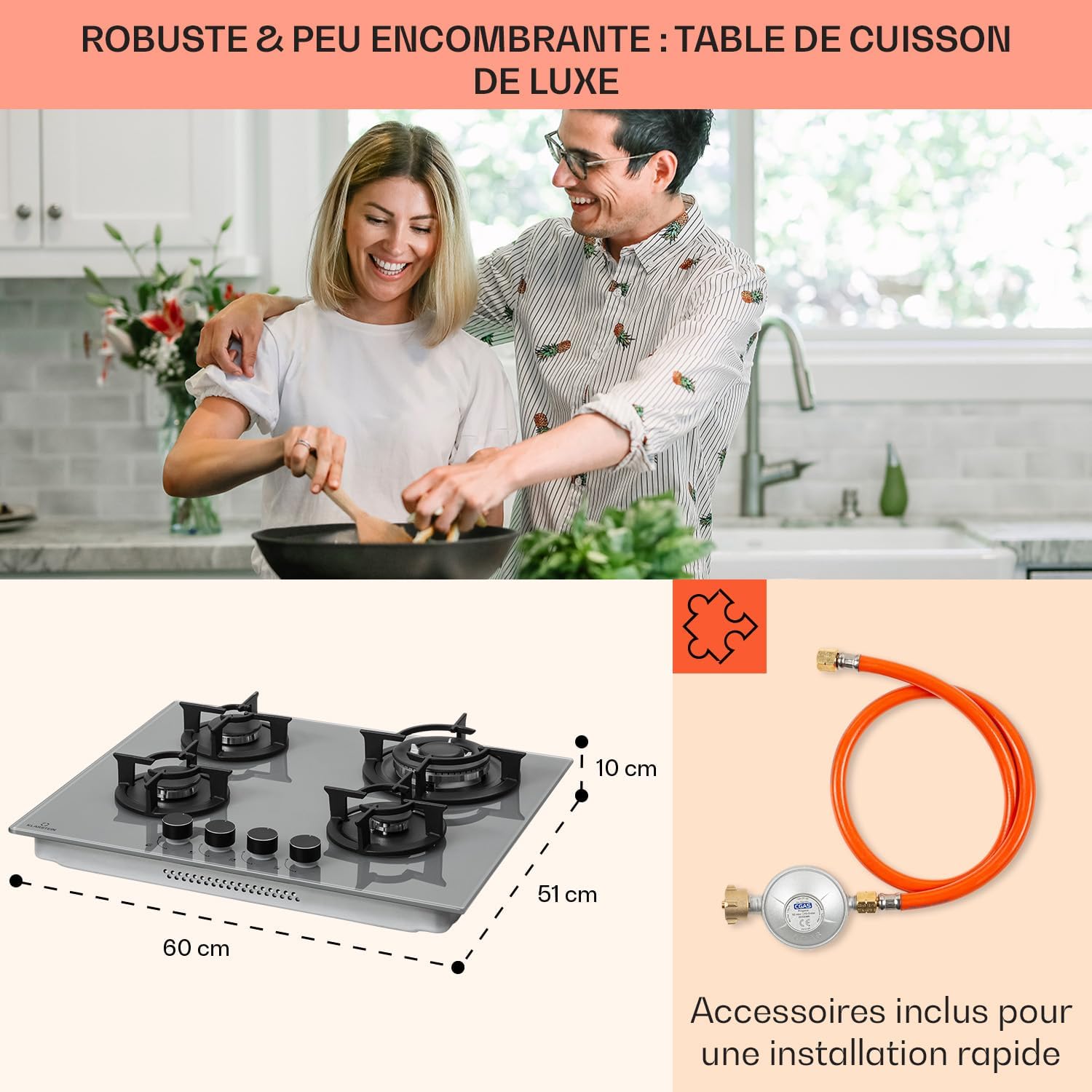 Klarstein Table de Cuisson à Gaz, Plaque de Cuisson Gaz à 4 Brûleurs, Table de Cuisson Electrique à 4 Feux de 8000W, Cuisiniere Gaz, Gaziniere Gaz avec Brûleurs en Acier Inoxydable, Cuisinières GPL