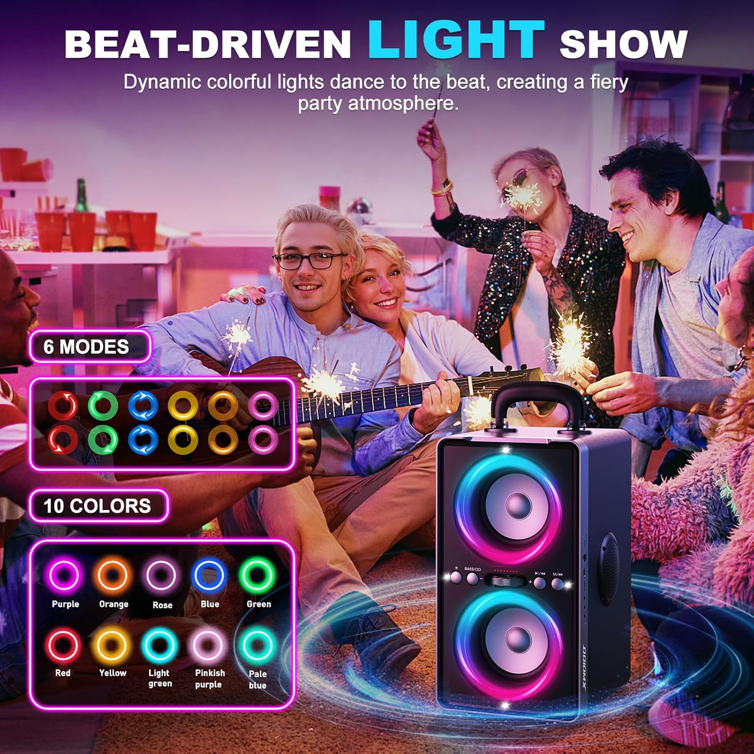 Enceinte Bluetooth Puissante, 200W Enceinte Portable Bluetooth avec Super Bass, Autonomie 15 hrs, LED Light Show, Appairage TWS, Lecture USB/TF Carte/AUX, pour Extérieur, Maison, Fêtes, Camping