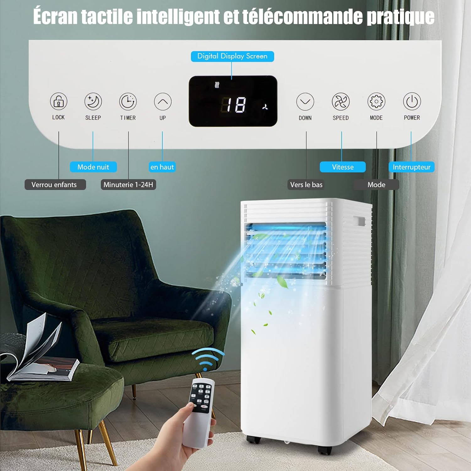 RELAX4LIFE Climatiseur Mobile Silencieux 9000BTU, Climatiseur Portable 4 en 1, Refroidisseur d'Air, Ventilateur, Déshumidificateur, Mode Nuit, 15-20㎡, Télécommande, Minuterie 24H, Classe Energie A