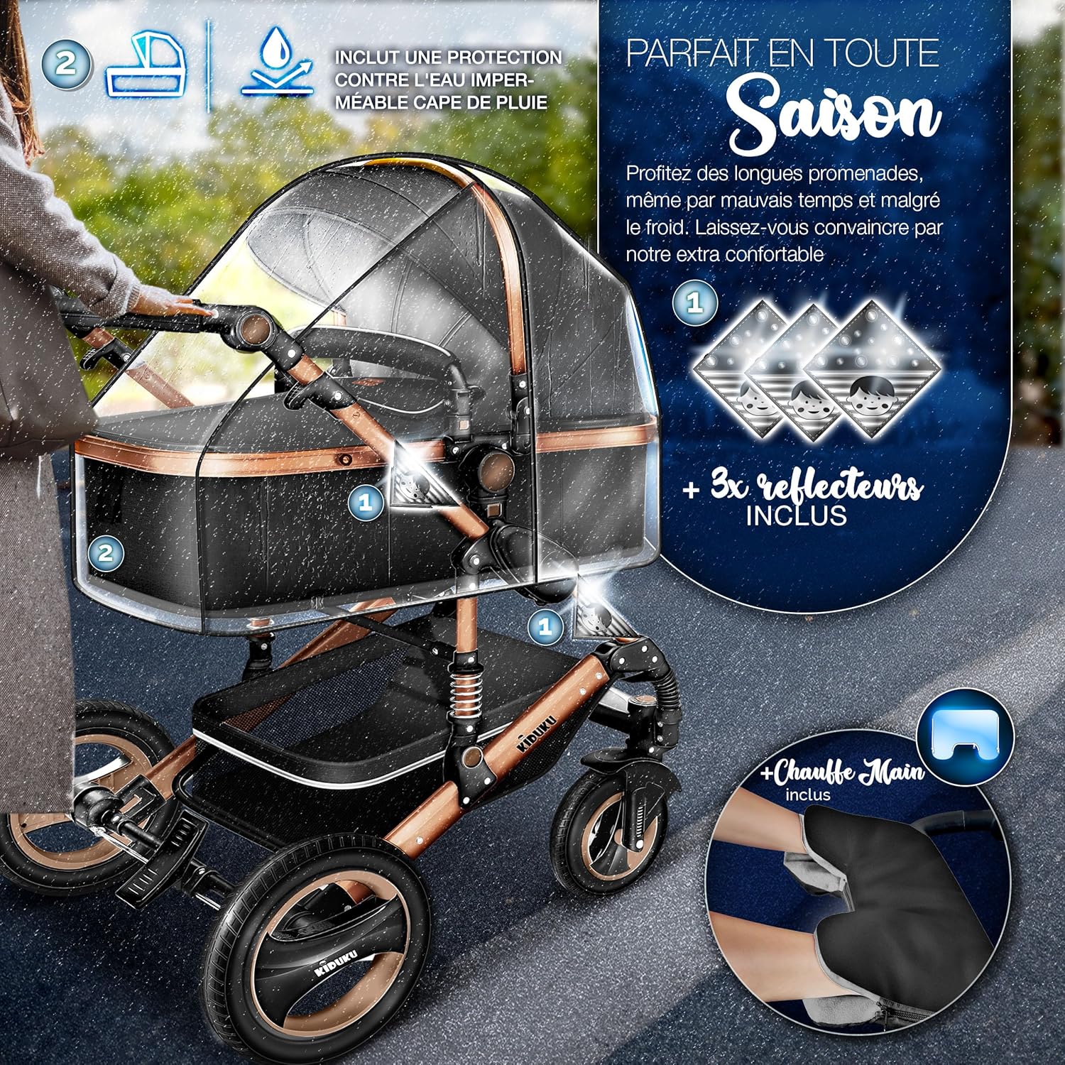 KIDUKU® Poussette Combinée 3 en 1 | Trio pour Enfants | Siége Auto Légère, Piable | Nacelle Souple Convertible | Set de Voyage (Noir/Champagne)