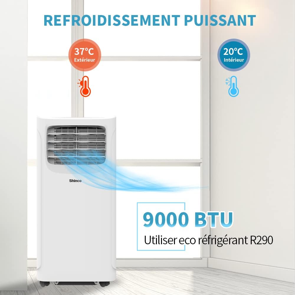 SHINCO Climatiseur mobile, 7000 BTU 2,05kW, Refroidir&Ventilation&Déshumidification, taille de la pièce jusqu'à 54m³(18㎡), Climatiseur mobile avec tuyau d'évacuation et tuyau de vidange, mode sommeil