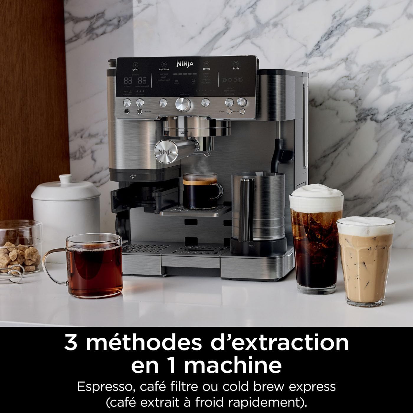 NINJA Machine à café Luxe Premier 3-en-1, Latte, Cappuccino, Infusion à froid et Espresso avec broyeur à grains et mousseur à lait intégrés, facile à utiliser, EU Prise, argent, ES601EU