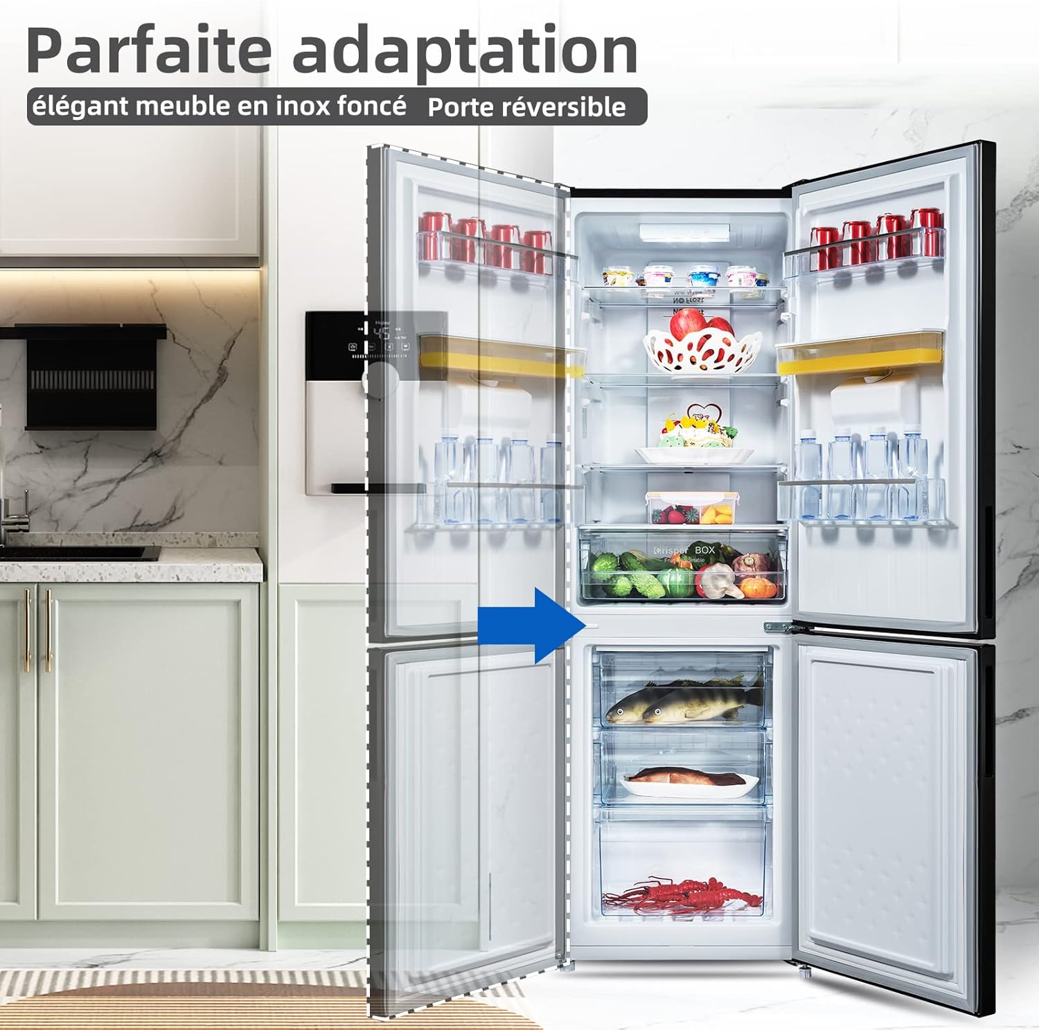 CHIQ Réfrigérateur autoportant 317L à Inverter, 322 l, sans givre, flux d'air multiple, congélation rapide, électronique tactile, compresseur avec garantie de 12 ans, efficacité améliorée, noir