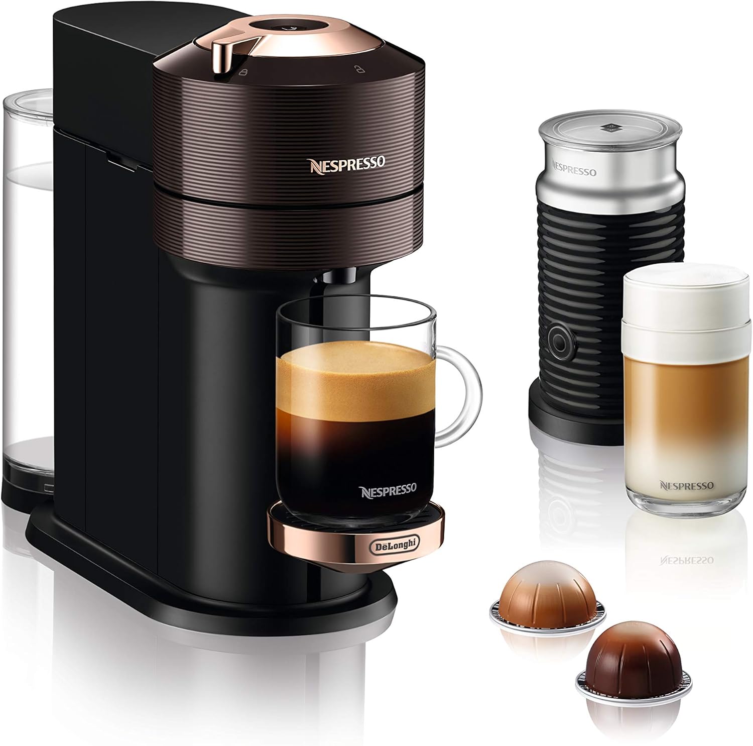 Nespresso Machine à café à capsules DeLonghi ENV 120.BWAE Vertuo Next Premium avec mousseur à lait, marron
