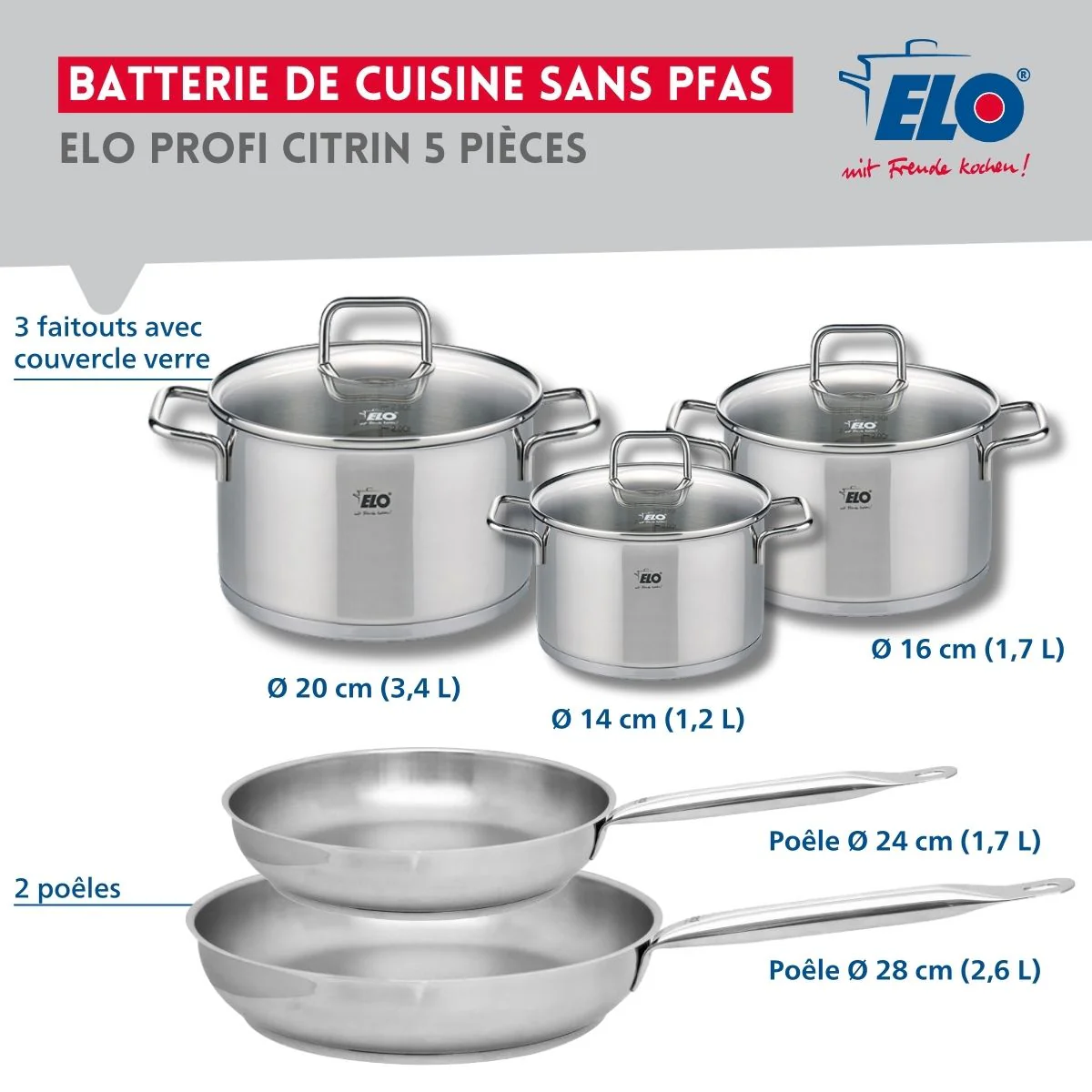 Ensemble de 2 Poêles de cuisson 24 et 28 cm et 3 faitouts 14, 16 et 20 cm Elo Profi Citrin Elo