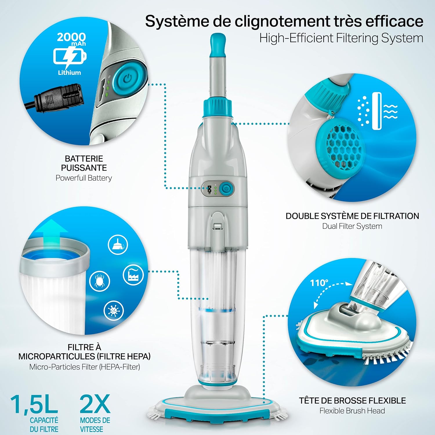 tillvex Aspirateur Électrique pour Piscines | Nettoyeur de Piscine sans Fil avec Manche Télescopique | Kit de Nettoyage avec Filtre & 2 Vitesses | Rechargeable